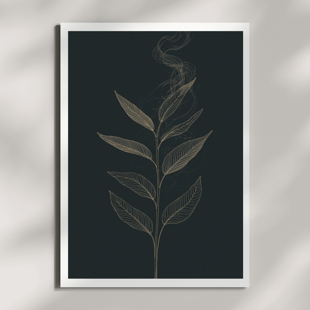 Boho Pflanzen Wandbild A4 in Gold auf Dunkelblau, elegantes botanisches Wanddesign für ein stilvolles Zuhause.