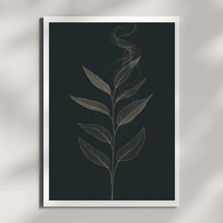 Boho Pflanzen Wandbild A4 in Gold auf Dunkelblau, elegantes botanisches Wanddesign für ein stilvolles Zuhause.