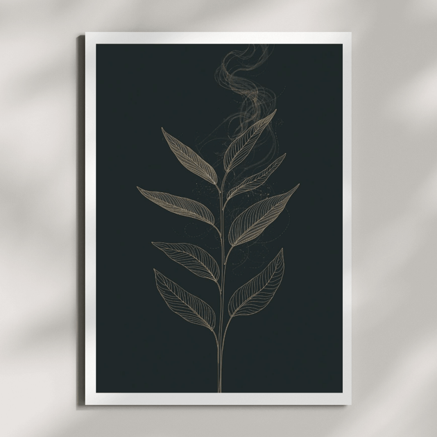 Boho Pflanzen Wandbild A4 in Gold auf Dunkelblau, elegantes botanisches Wanddesign für ein stilvolles Zuhause.