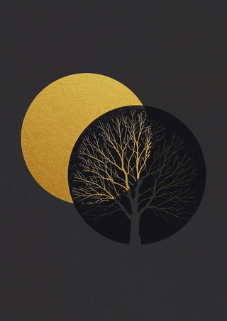 Boho Wandbild - eleganter goldener Baum auf schwarzem Hintergrund mit goldenen Kreisformen