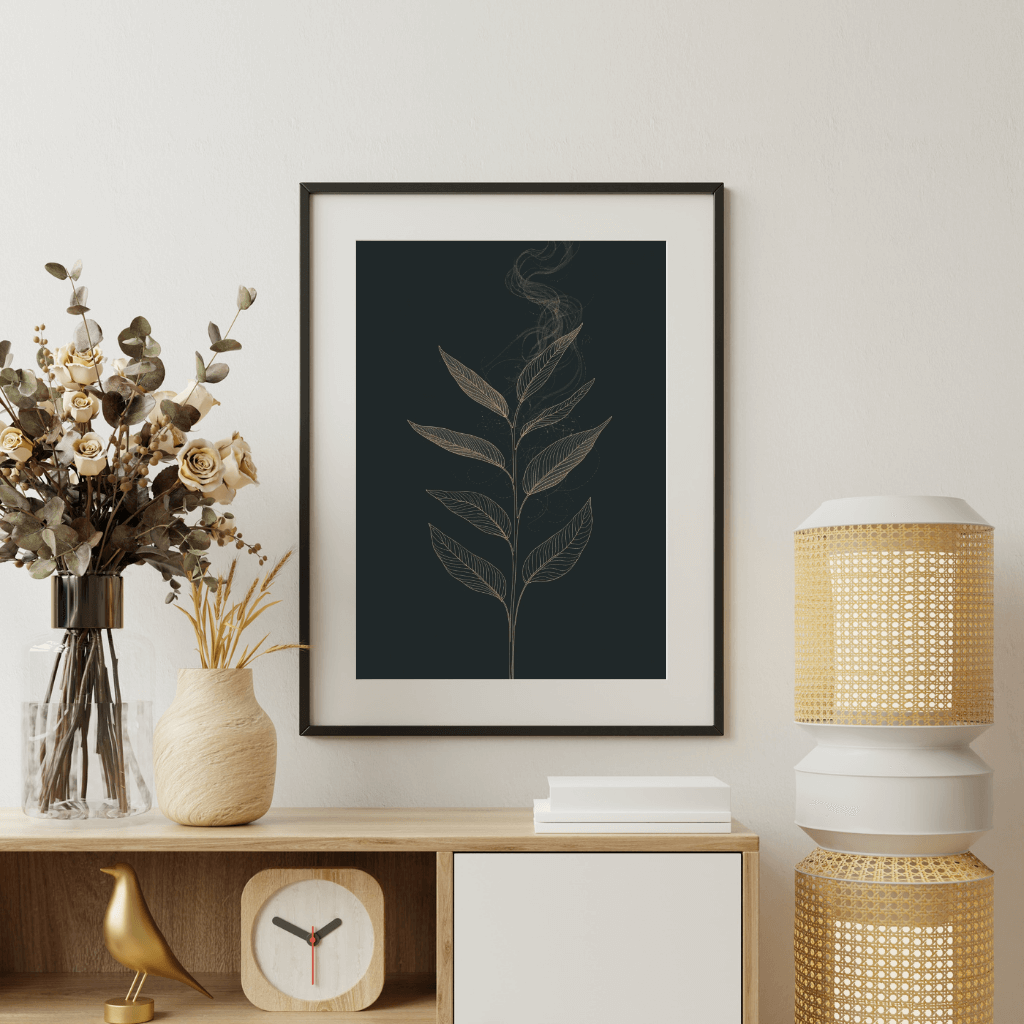 Boho Pflanzen Wandbild in Gold auf Dunkelblau, stilvoll und minimalistisch, für elegante Raumgestaltung.