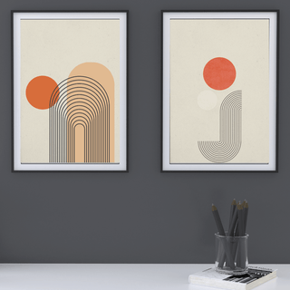 Japandi Wandbilder A4 2er Set mit geometrischen Mustern und Sonnensymbolik in minimalistischer Ästhetik.