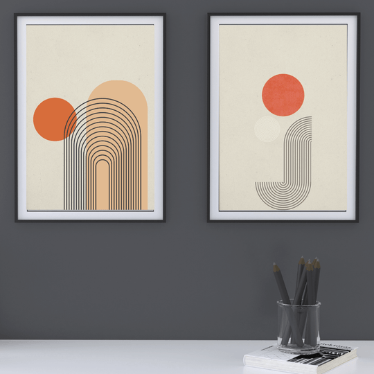 Japandi Wandbilder A4 2er Set mit geometrischen Mustern und Sonnensymbolik in minimalistischer Ästhetik.