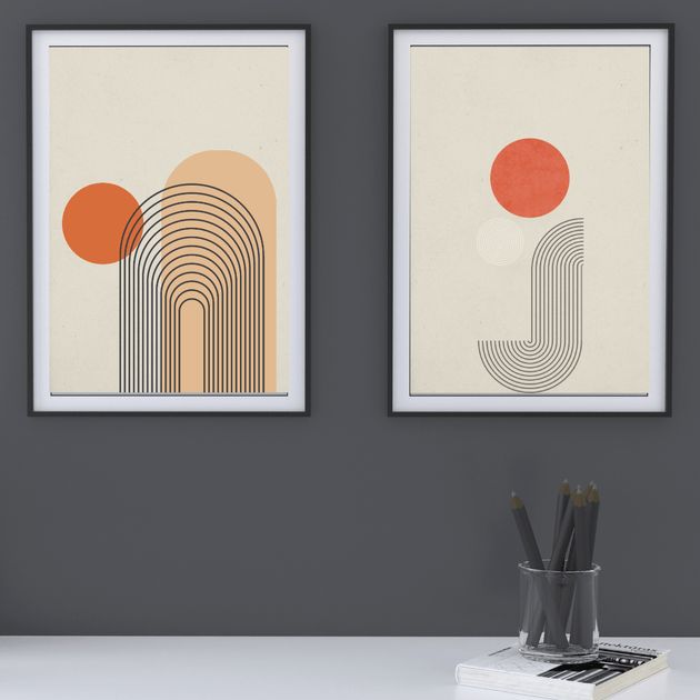 Japandi Wandbilder A4 2er Set mit geometrischen Mustern und Sonnensymbolik in minimalistischer Ästhetik.