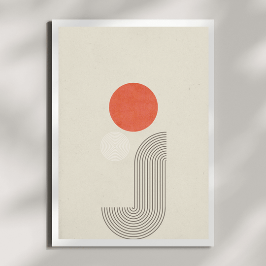 Japandi Wandbilder A4 Poster mit geometrischen Linien und einem roten Sonnensymbol im minimalistischen Design