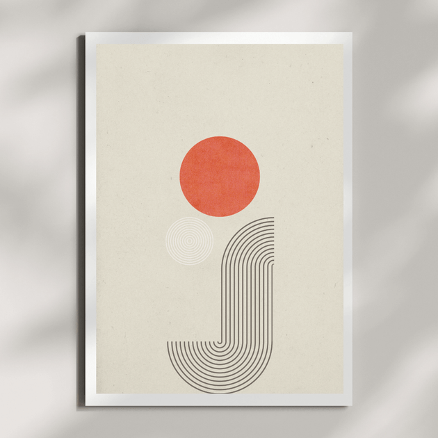 Japandi Wandbilder A4 Poster mit geometrischen Linien und einem roten Sonnensymbol im minimalistischen Design