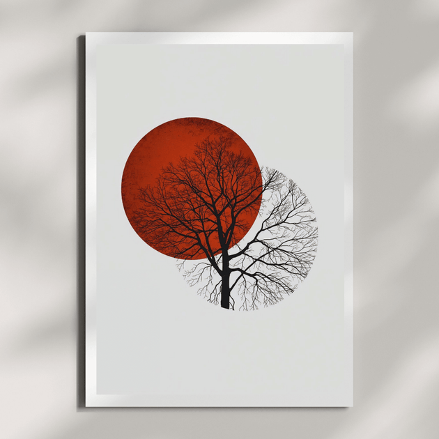 Zen Wandbild Baum & Sonne A4 – Minimalistisches Japandi Poster mit Baum und übereinanderliegenden Sonnenformen