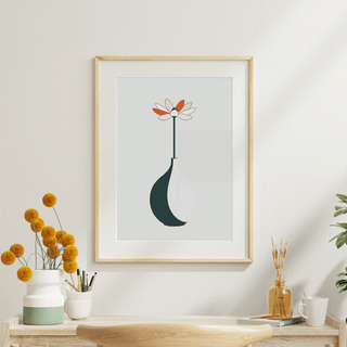 Minimalistisches Wandbild in A4 mit stilisierter Vase und Blume im Boho-Stil, ruhige Eleganz für dein Zuhause.