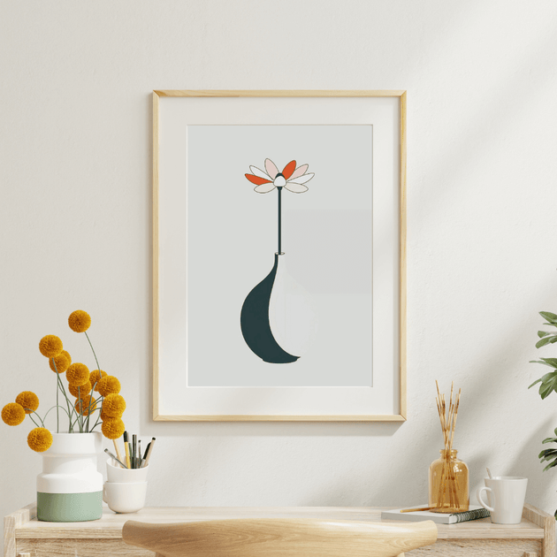 Minimalistisches Wandbild in A4 mit stilisierter Vase und Blume im Boho-Stil, ruhige Eleganz für dein Zuhause.