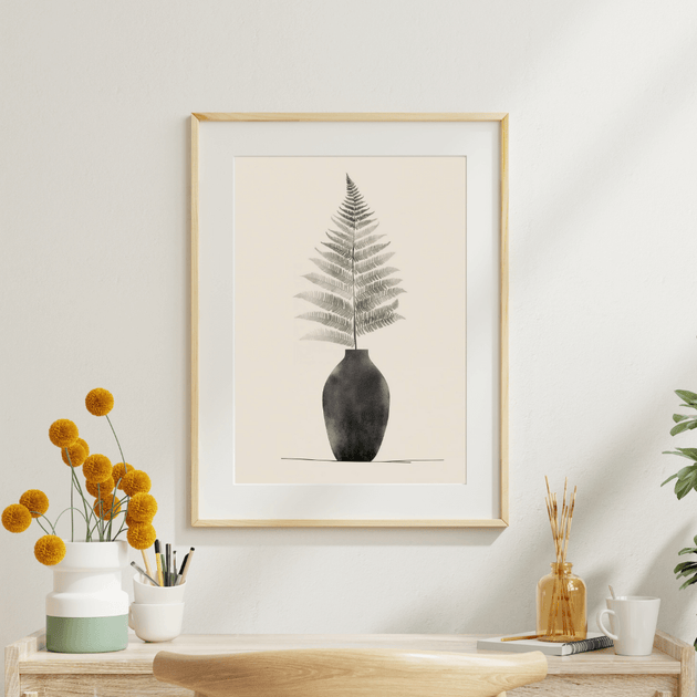 Boho Farn Poster A4 – Minimalistisches Wandbild mit Farn in Vase und sanften Naturformen.