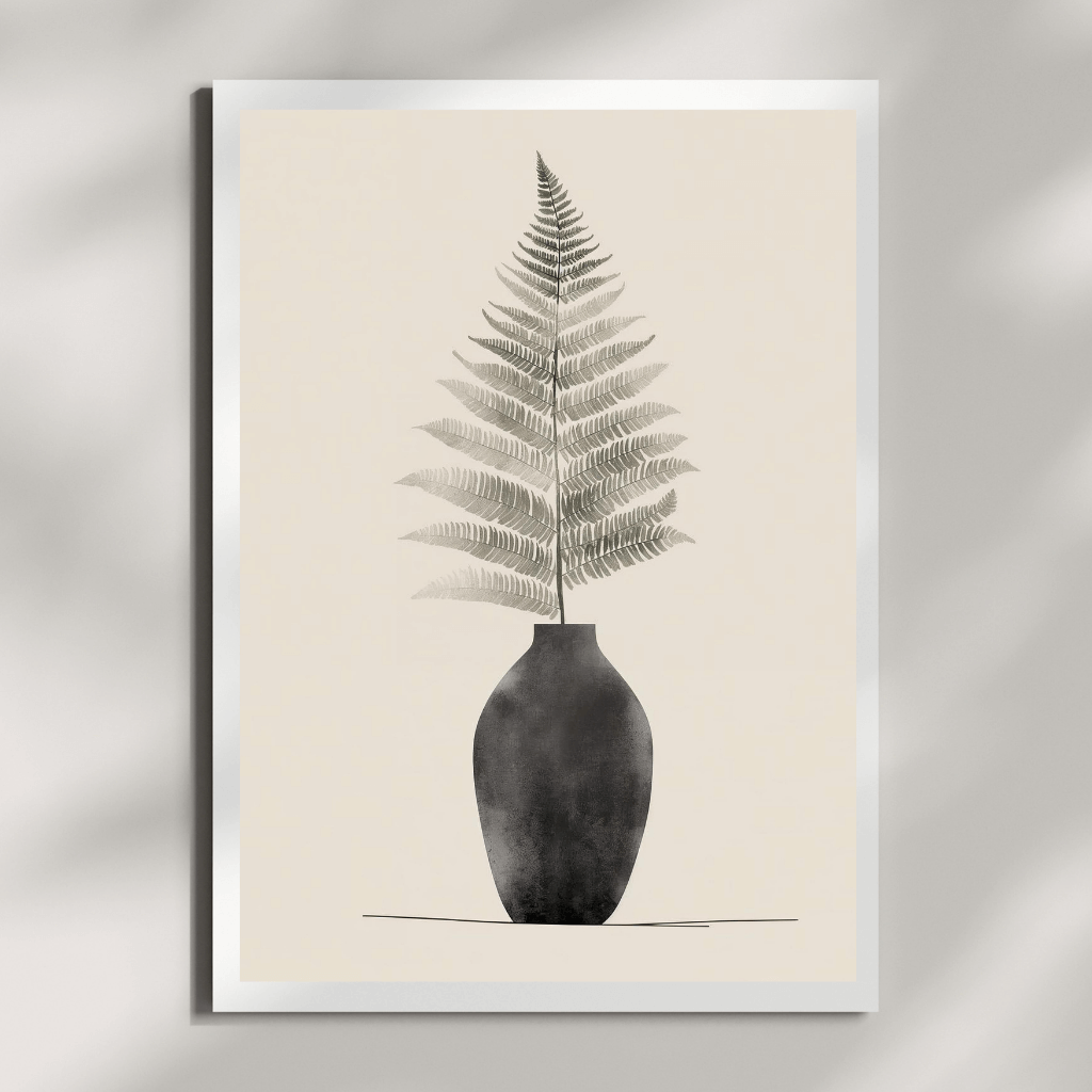 Boho Farn Poster A4 – Minimalistisches Wandbild in Vase mit Farn und beige Hintergrund.