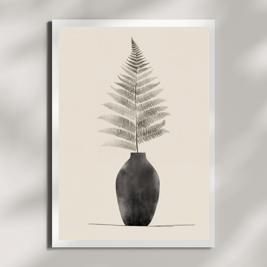 Boho Farn Poster A4 – Minimalistisches Wandbild in Vase mit Farn und beige Hintergrund.