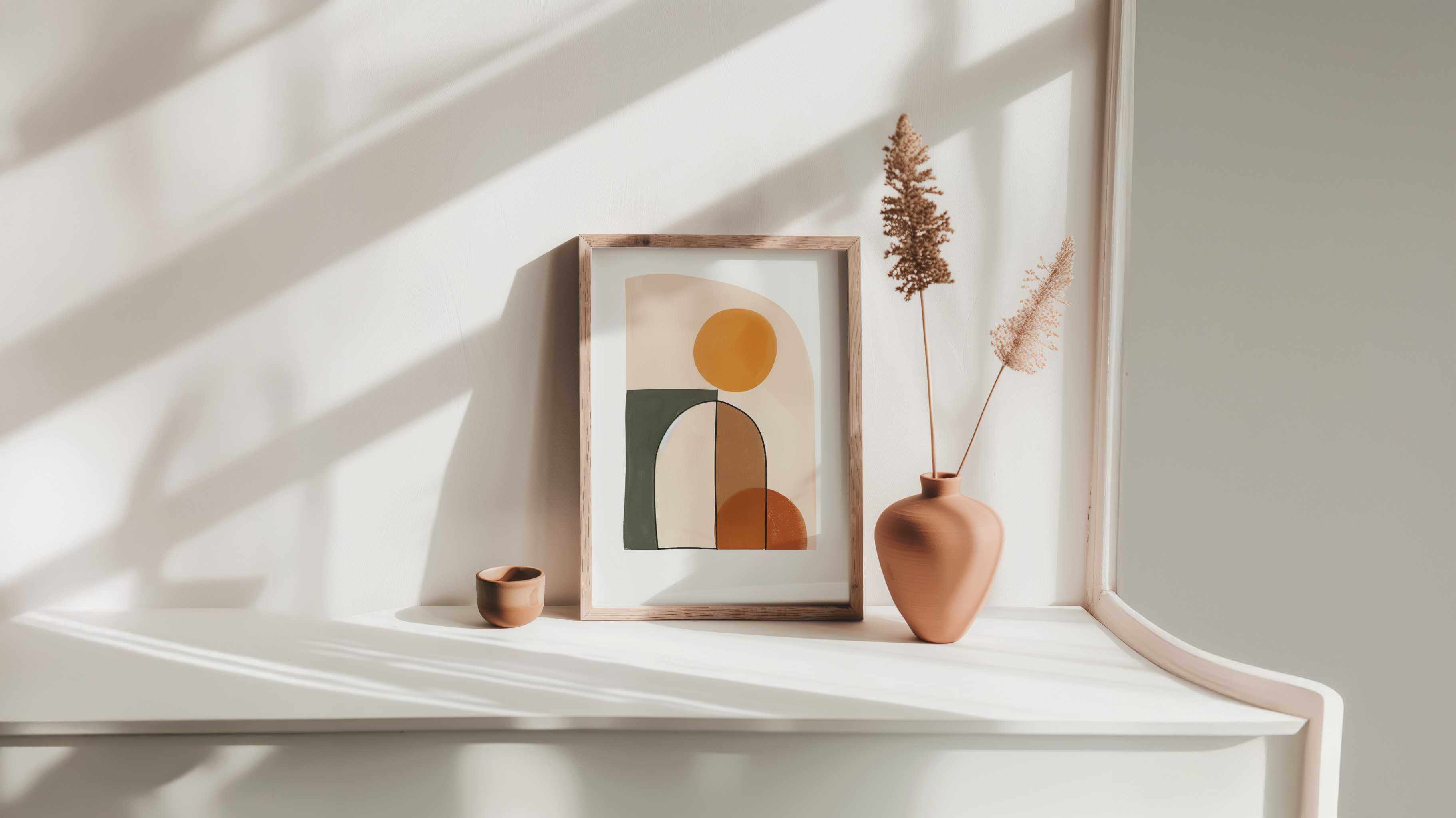 Stilvolle Wandkunst mit geometrischen Formen in warmen Erdtönen, dekoriert mit einer Vase und Trockenblumen.