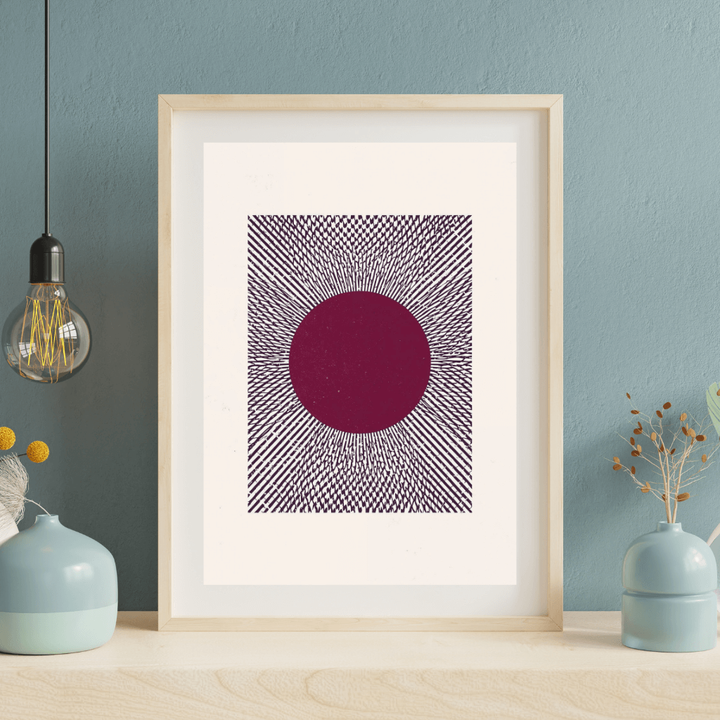 Geometrische Kunstdrucke Minimal Art – Modernes Wandbild mit lila Kreis und Strahlenmuster in A4 Größe.