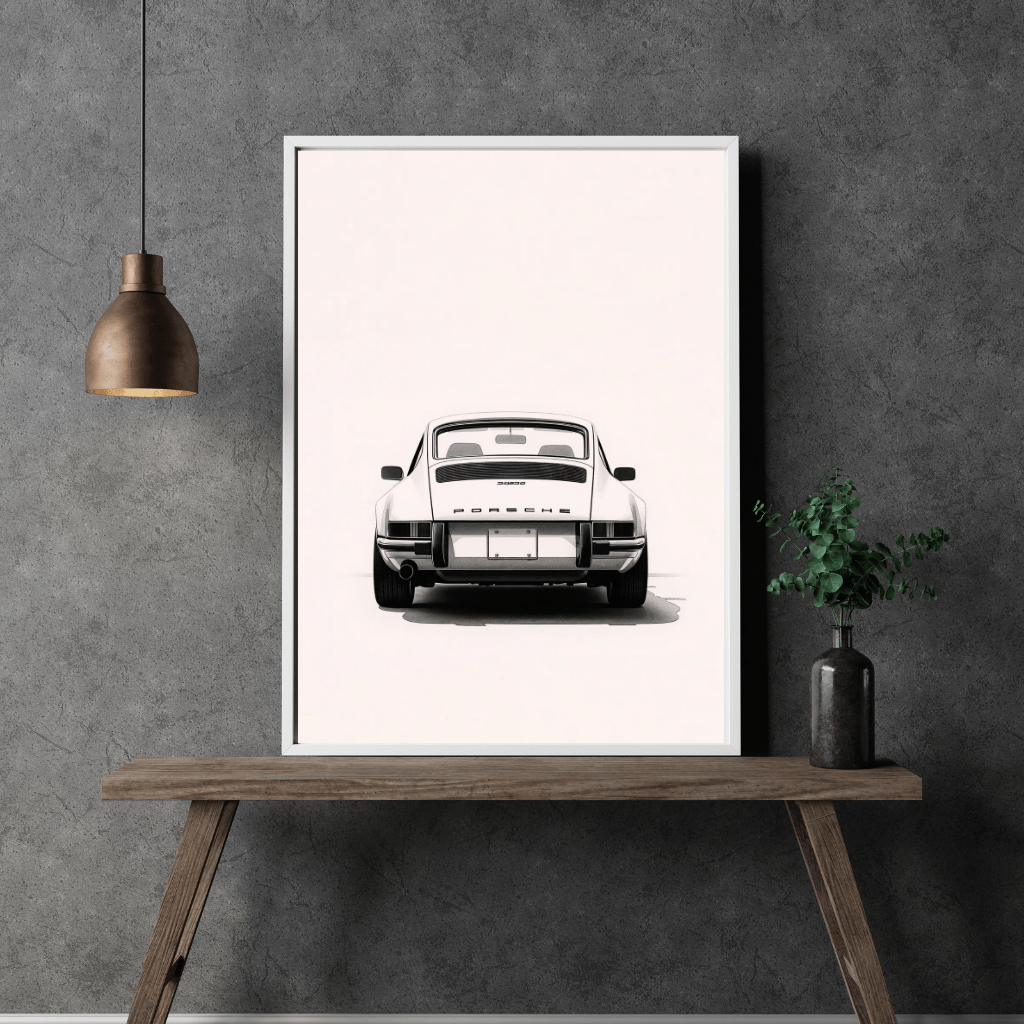 Porsche 911 G-Modell Heckansicht Kunstdruck in minimalistischer Umgebung, hochwertige A4-Dekoration.