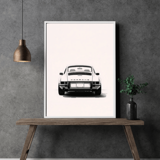 Porsche 911 G-Modell Heckansicht Kunstdruck in minimalistischer Umgebung, hochwertige A4-Dekoration.