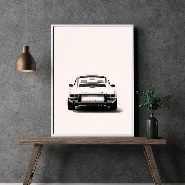 Porsche 911 G-Modell Heckansicht Kunstdruck in minimalistischer Umgebung, hochwertige A4-Dekoration.